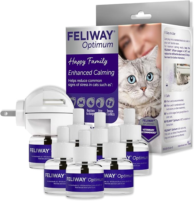 FELIWAY Optimum Cat Calming Diffuser Kit and 6 Pack Refill – Advanced Support to Help Reduce Urine Spraying, Scratching, Fighting and Hiding Due to Stress – All in One Cat Pheromone Plug in Diffuser