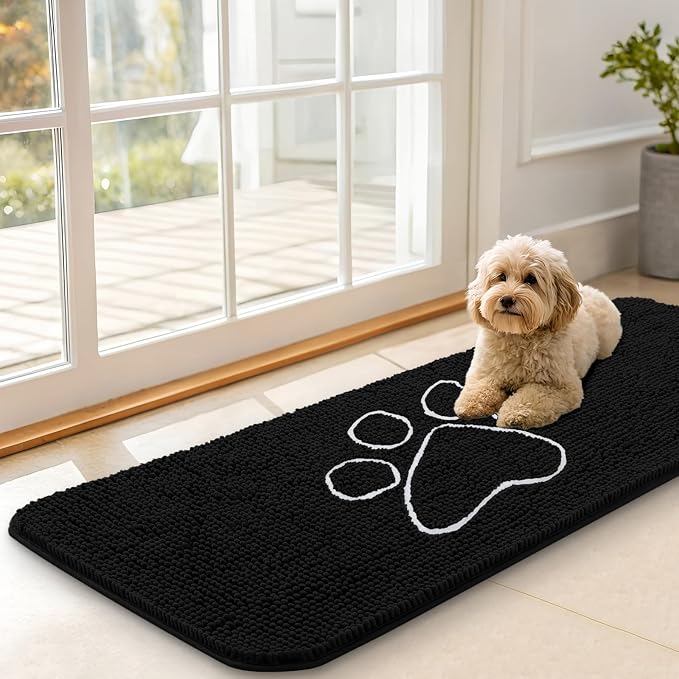 OLANLY Dog Door Mat for Muddy Paws 47x17, Paw Print Design Chenille Mud Mat | Black, Absorbent, Traps Moisture and Dirt, Non-Slip Washable Doormat, Quick-Drying Indoor Entryway Floor Carpet for Dogs