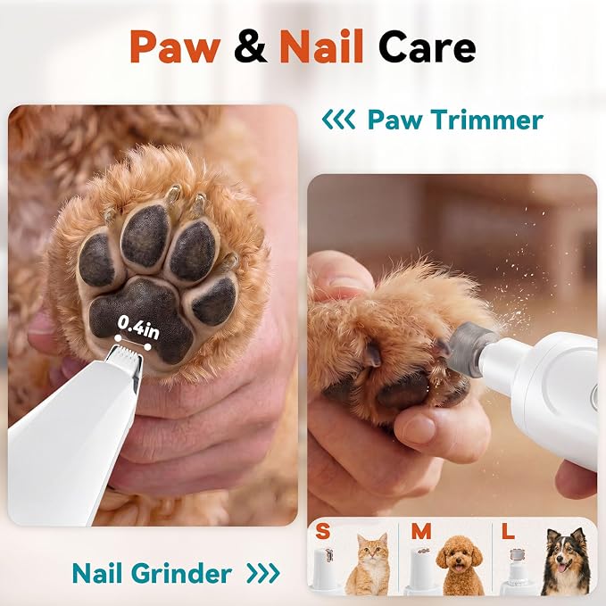 4-in-1 Dog Clippers for Grooming Kit - 45dB Quiet 150-Min Run Non-Slip Grip | Cordless Rechargeable IPX7 Waterproof Hair Paw Trimmer & Nail Grinder Pet Shaver at Home Razor for Dog & Cat, White Veeconn