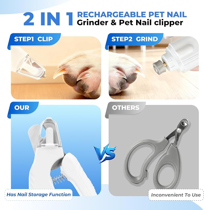 2-in-1 Pet Nail Clipper & Grinder with Dual LED Lights, USB Rechargeable, Electric Multi-Function Grinding, Quiet Operation with Splash Guard, Suitable for Small/Medium/Larg
