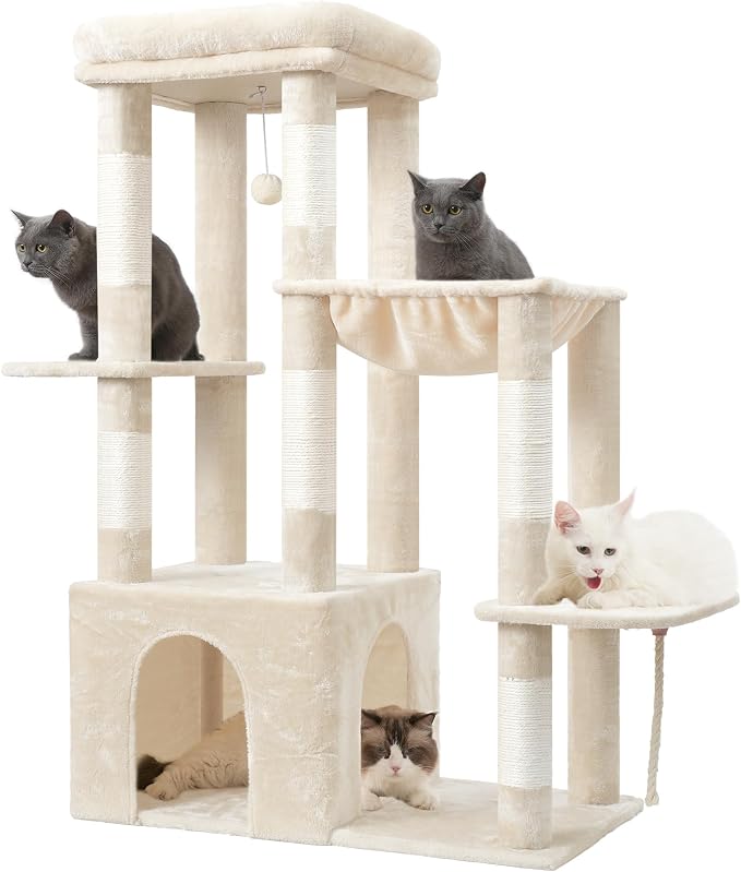 Heybly Heavy Duty Cat Tree with Large Base for Large Indoor Cats HCT026M | Cat Tower with Scratching Posts, Tall Cat Condo House , Multi-Level Plush Furniture with Hammock & Toy Balls, Beige