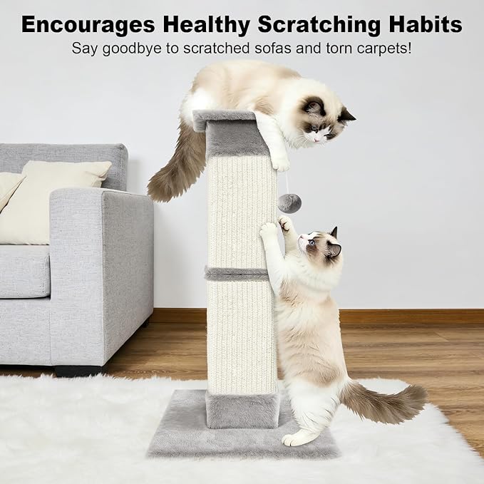 Cat Scratching Post 33 inch for Indoor Cats, Sisal Cat Scratcher, Vertical Posts with Dangling Ball, High Cat Scratch Post, Cat Tree for Full-Body Stretching, Protect Your Furniture, Light Grey