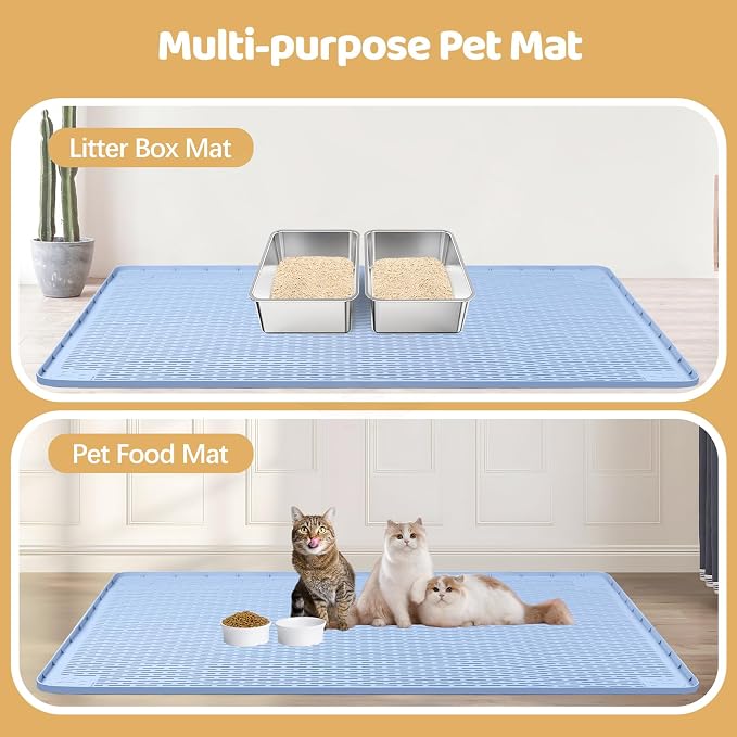 Silicone Cat Litter Mat for Litter Box 50”x35” Large Cat Mat, Blue | Waterproof, Non-Slip, Leak-Proof Rug Mat with Lip, Easy to Clean, Extra Large Litter Catcher Mat for Floor