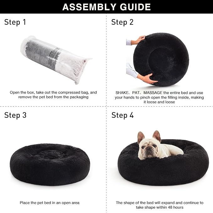 Love's cabin Calming Cat Bed for Indoor Cats, Anti-Anxiety Donut Round Dog Bed,Fluffy Faux Fur Washable Pet Bed for Small Medium Dogs and Cats, Black, 24in
