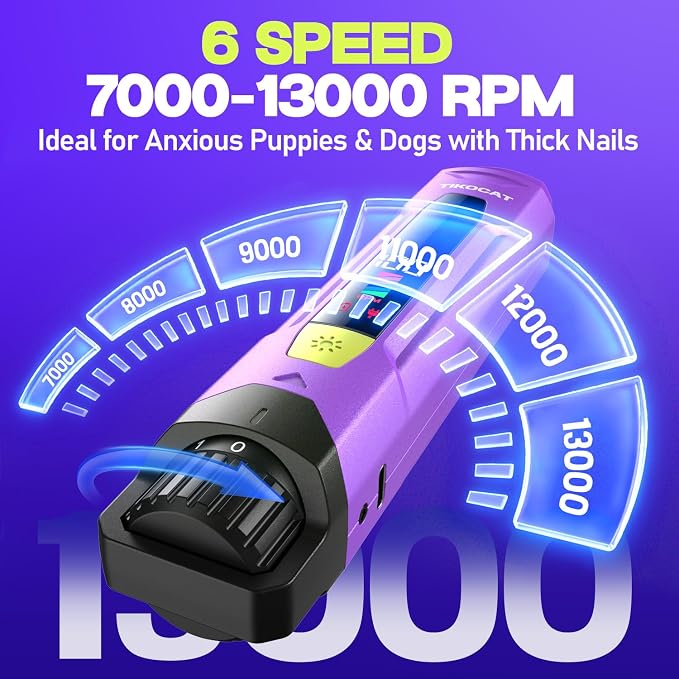 Whisper-Quiet Dog Nail Grinder, 50% More Powerful 6-Speed Pet Nail Trimmer with LED Display & 4 LED Lights, 3 Grinding Bits, No Over-Cutting, Stress-Free Grooming for Dogs, Cats & All Sensitive Pets