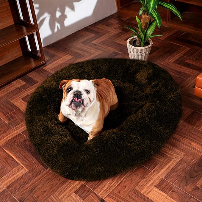 Faux Fur Dog Bed, Shag Round Anti-Anxiety Pet Calming Doughnut Cuddler for Medium Large Puppy Dog Cat Kennel Cushion Self Warming Bed (28'' D x 8'' H, Chocolate)