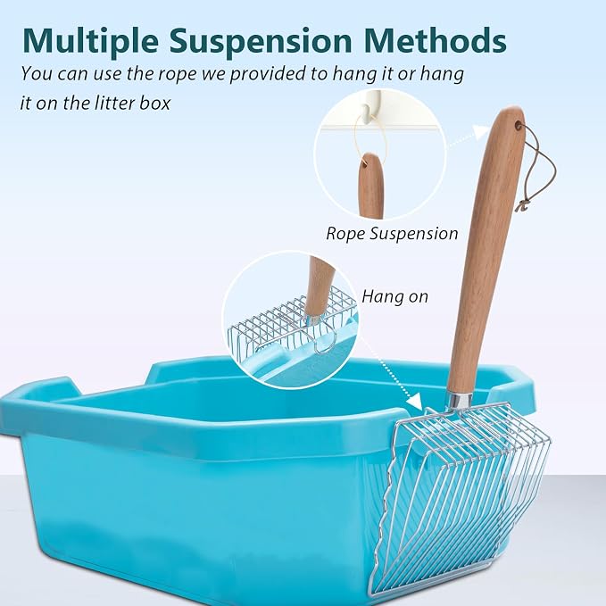 Cat Litter Scoop, 9.8" Long Handle, Metal Scooper for Litter Box | 0.3-inch Gap, Wooden handle, with Hook and Hole, Stainless Steel, Easy Cleaning, Durable, Heavy Duty, Odor-Free, Cats, dogs