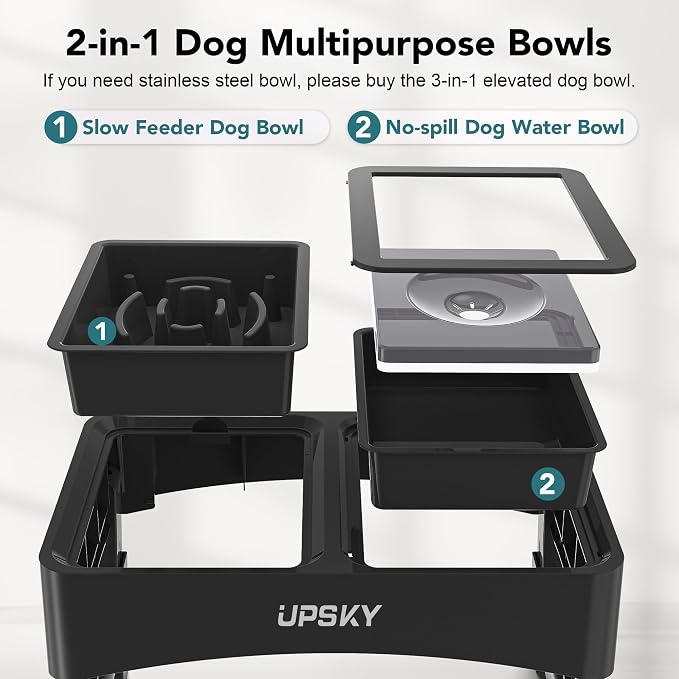 UPSKY 2-in-1 Elevated Dog Bowls Set with 4 Height Adjustable Stand, Balck | No Spill Water Bowl, Slow Food Bowl, No-Splash, Anti-Slip, Dishwasher Safe, Folding Design, Suitable for Small Medium Dogs