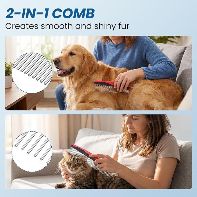 Pet Grooming Kit Brush and Metal Comb Combo, Double Sided Dematting Undercoat Rake Deshedding Brush for Long Short Matted Haired Dogs & Indoor Cats, Gift for Pet Lovers (Red Kit 4PCS)