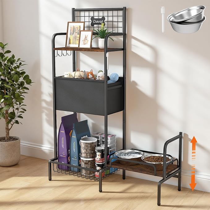 Dog Feeding Station Storage Organizer with Elevated Dog Bowl Stand | Adjustable Elevated Dog Bowl Stand, Large Toy Bin Basket, Lifted Food and Water Bowl Holder for Large Medium Small Breed