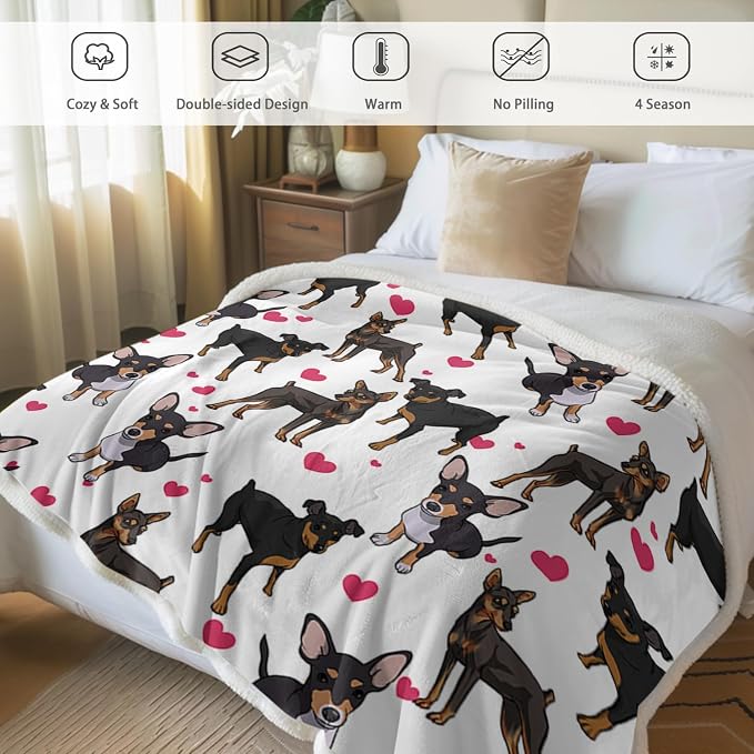 BlessLiving Red Hearts Dog Cat Print Plush Blanket Cute Puppy for Kids Adults 3D Animal Print Plush Blanket Gift for Pet Lovers (Miniature Pinscher,Twin, 60 x 80 Inches)