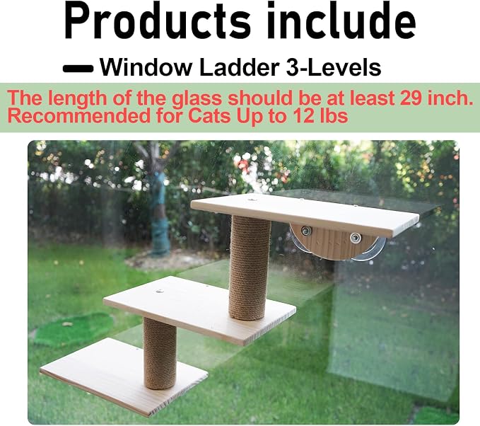Cat Window Ladder 3-Levels for Indoor Cats, Climbing Window Shelf | with Strong Suction Cups, for Bird-Watching & Play, Space-Saving