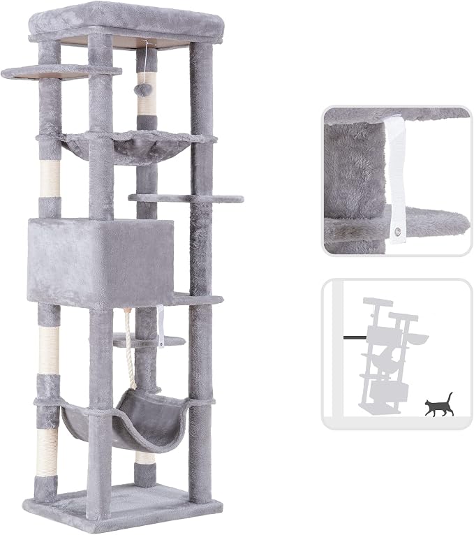 Heybly Cat Tree for Large Cats 20 lbs, 69 inches Cat Tower HCT031W | Heavy Duty Cat Condo for Indoor Cats, Multi-Level Furniture with Big Padded Plush Perch, Cozy Basket, Light Gray