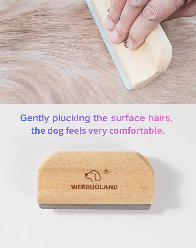 Deshedding Brush for Dogs and Cats, Wooden Ergonomic Handle | For short, long, double-coated dogs and cats. Gently removes loose undercoat without scratching. Wooden ergonomic grip.