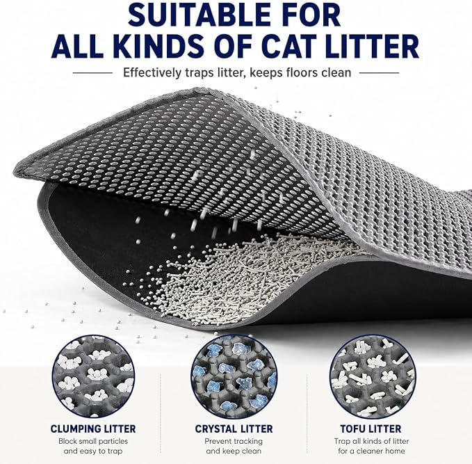 Large Cat Litter Mat 30 x 24 Inch, Double-Layer Honeycomb Litter Trapping Mat with Waterproof Leatherette Bottom, Urine-Resistant, Non-Slip, Easy to Clean, Gray