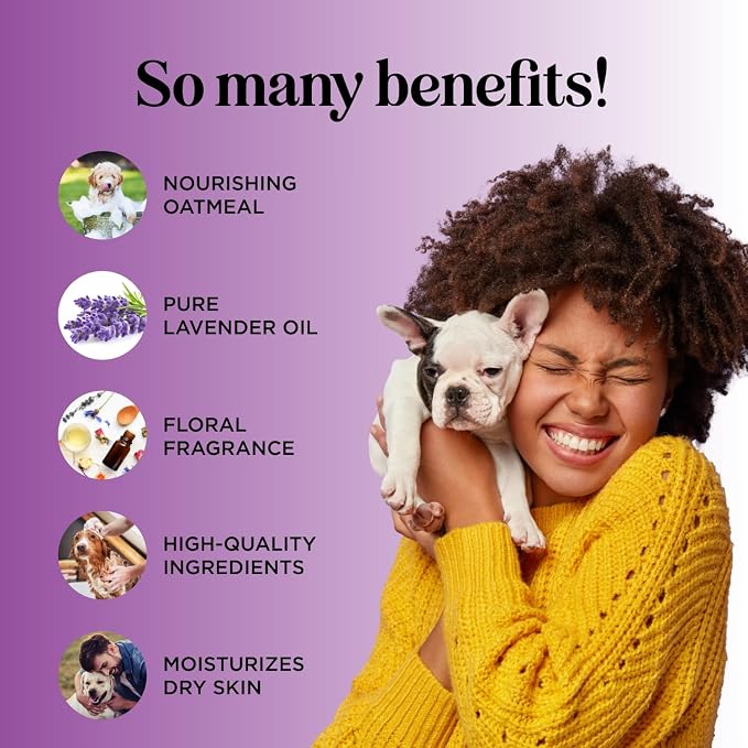 Moisturizing Oatmeal Dog Shampoo for Dry Skin - Calming Lavender Dog Shampoo with Aloe Colloidal Oatmeal and Jojoba Oil for Clean Coat & Skin Relief - Sulfate Paraben Phthalate & Dye Free (8 Fl Oz)
