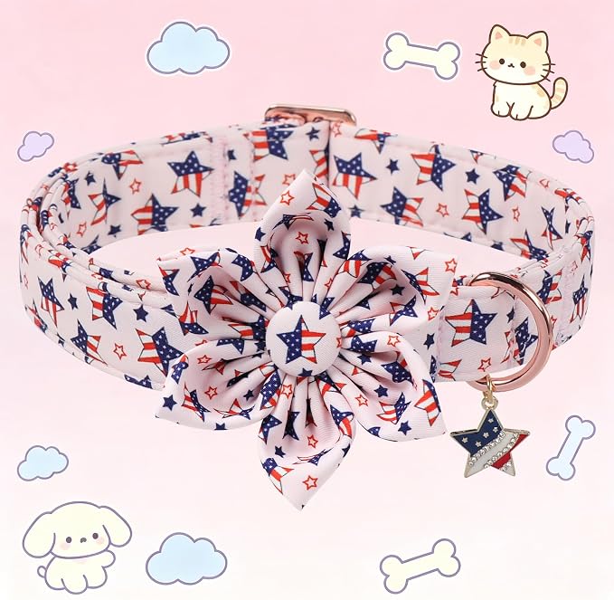 4th of July Independence Day Dog Collars with Flower, Pink Blue American Flag Star Dog Collar, DOGWONG Pink Girl American Flag Dog Collars for Medium Dogs,M