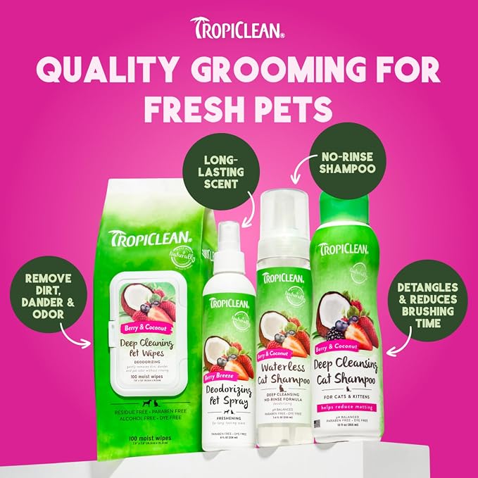 TropiClean No Rinse Waterless Dog Shampoo, Berry & Coconut Scent, 7.4oz