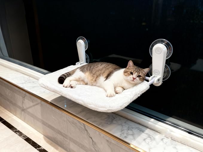 YGP No Drilling Cat Window Perch with 4 Strong Suction Cups | Foldable Heavy-Duty Metal Frame Space-Saving Fold-Down 40lbs Tested Hold Ultra-Soft Fleece Hammock for Cats