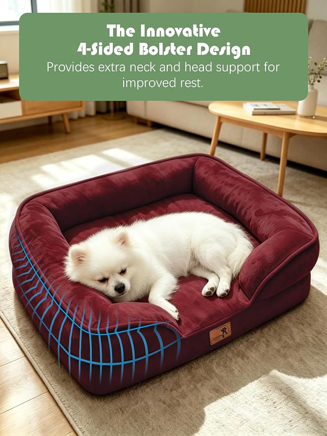 Spotted Play Orthopedic Dog Bed with Sides - Sofa Beds for Small Dogs, Supportive Foam Pet Couch Bed with Washable Removable Cover, Waterproof Lining and Non-Slip Bottom, Burgundy - S