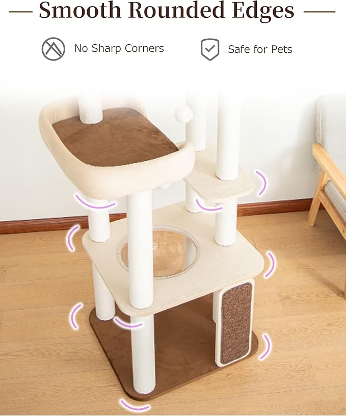 53'' Cat Tree for Large Cat, Modern Senior Friendly Cat Tower with Wide Shelves Low Step, Cotton Scratching Posts, Super Sturdy Base, Cozy Perches, and Interactive Toys (White)