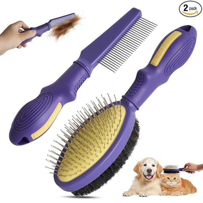 2PCS Pet Grooming and Deshedding Brush Tools | 2-In-1 Double-Sided Dogs Cats Brush for Shedding and Bathing, Pet Shedding Comb for Removes Loose Long and Short Haired