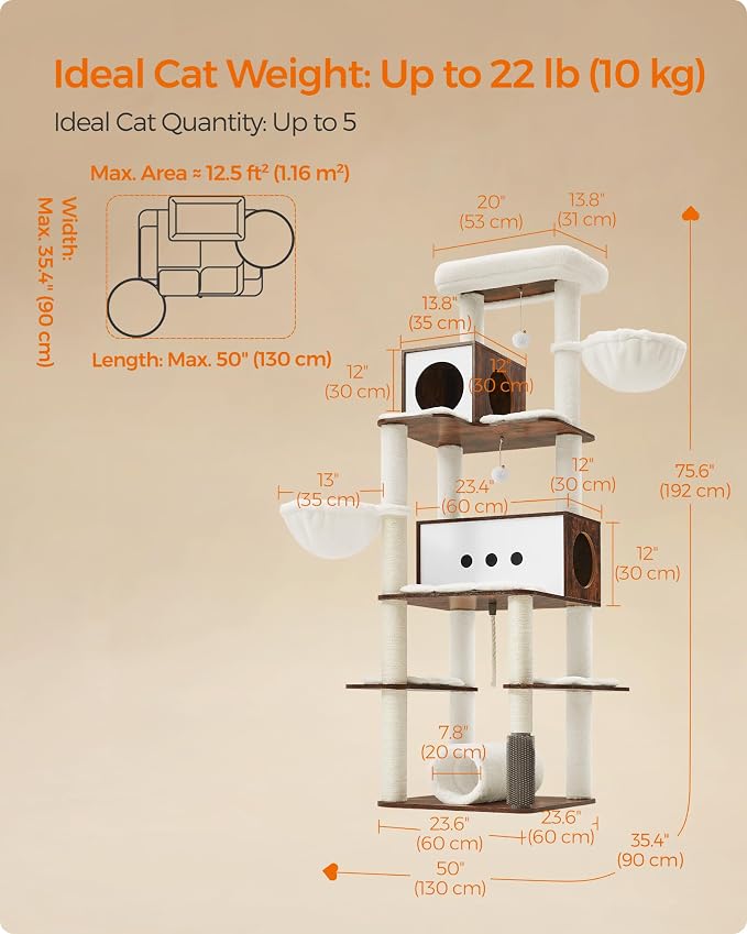 Feandrea Cat Tree, 75.6-Inch Modern Cat Tower, Tall Multi-Level Condo with 2 Caves, 2 Hammocks, 4 Scratching Posts, Self-Groomer, Tunnel, Perch, Rustic Brown UPCT193X01 | Tall Cat Tower, 4 Scratching Posts, Self-Groomer, Tunnel, Perch, Rustic Brown, CA...