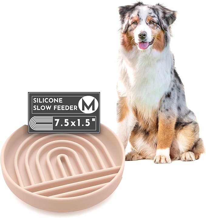 Should We Go? Slow Feeder Dog Bowls - Medium Size Silicone Slow Eating Dog Bowl for Puppies & Dogs with Suction Cup -Dishwasher-Safe, Lick Mat Design, Reduces Gulping,for All Breeds,7.5”x1.5”- Tan