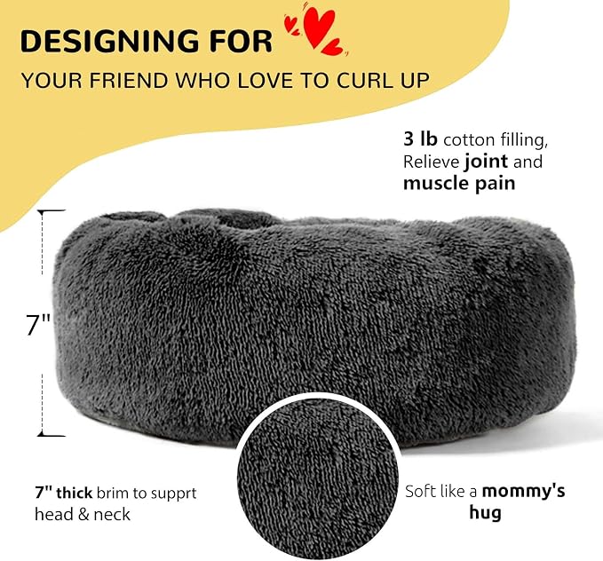 HACHIKITTY Calming Donut Cuddler Dog Bed, Round Fluffy Pet Bed for Large Dogs,Washable, Large, Black, 30''