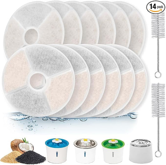 12 Pack Cat Fountain Filters Compatible with Catit 3L Flower Fountain, Frame-Free Eco Filter, 2X Filtration Media, Extra Resin for Cleaner & Softer Water, Replacement Filters with 2 Cleaning Brushes