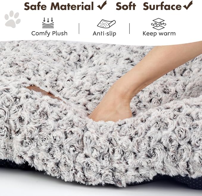 Dog Bed Crate Pad - Rosette Pattern White Velvet Pet Bed Anti-Slip Comfy Kennel Pad for Crates Rosette Brown L