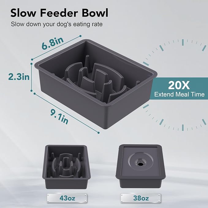 UPSKY 2-in-1 Elevated Dog Bowls Set with 4 Height Adjustable Stand, Gray | No Spill Water Bowl, Slow Food Bowl, No-Splash, Anti-Slip, Dishwasher Safe, Folding Design, Suitable for Small Medium Dogs