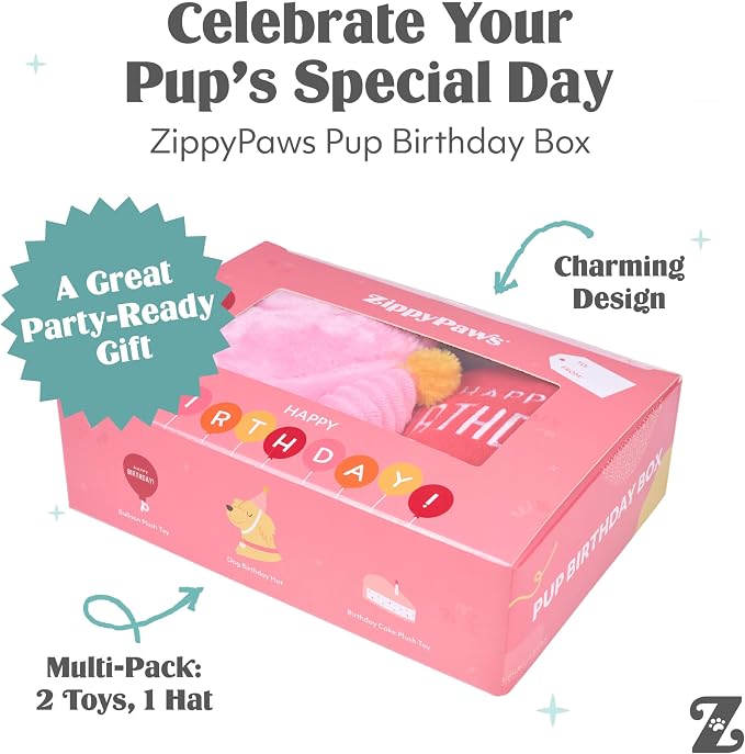 ZippyPaws Birthday Box - Dog Squeaky Toys to Keep Them Busy, Funny Food Plush for Small, Medium, & Large Dogs, Cute Stuffed Puppy Toy & Hat, Pet Products, Gift for Dogs of All Breeds - 3-Pack, Pink
