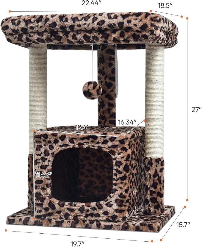 SYANDLVY 27" Cat Tree for Indoor Cats, Activity Tower with Scratching Posts, Modern Kitten Condo with Plush Perch & Hanging Ball for Play, Leopard Print