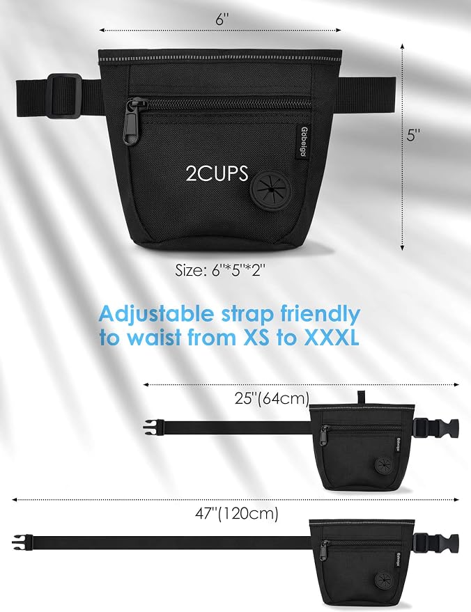 2 Cup Magnetic Closure Dog Treat Pouch with Training Clicker(Black) | 2 Pair Magnetic Closures, Zipper Pocket with Poop Bag Holder, Waist Belt & Metal Clip to Wear for Pet Training/Daily Walking