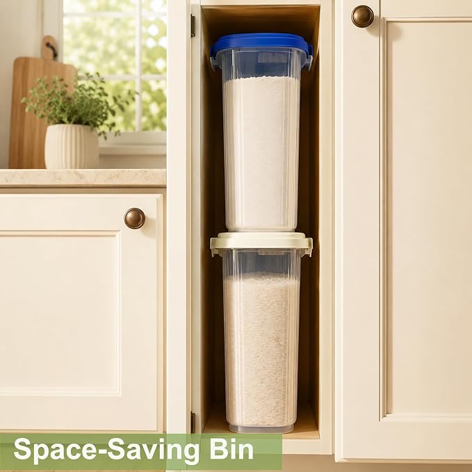 Large Rice Storage Container 15-20 Lbs, Tall Flour Container Dry Food Bin | Slim Food Container with Scoop, Cup for Cereal, Sugar, Beans, Pet Dog Cat Food, Kitchen and Pantry Storage Organization