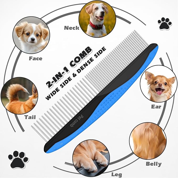 3PCS Pet Grooming Rake & Metal Comb & Flea Comb for Cats and Dogs, Double-Sided Dematting Tool, Extra-Wide Deshedding Dog Brush for Long Hair to Effectively Remove Tangles, Knots and Mats (Blue)