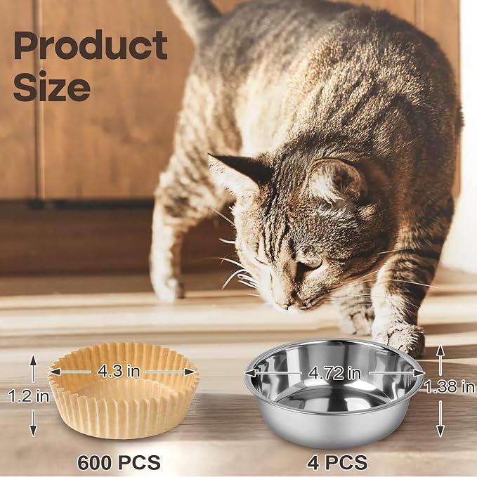 Bulk Disposable Cat Bowls Set (600 Pcs Cat Food Bowl Liners + 4 Pcs Stainless Steel Pet Bowls) Small Paper Bowls for Puppies, Kittens, Small Dogs and Cats, Ideal for Dry and Wet Food (Khaki, Classic)