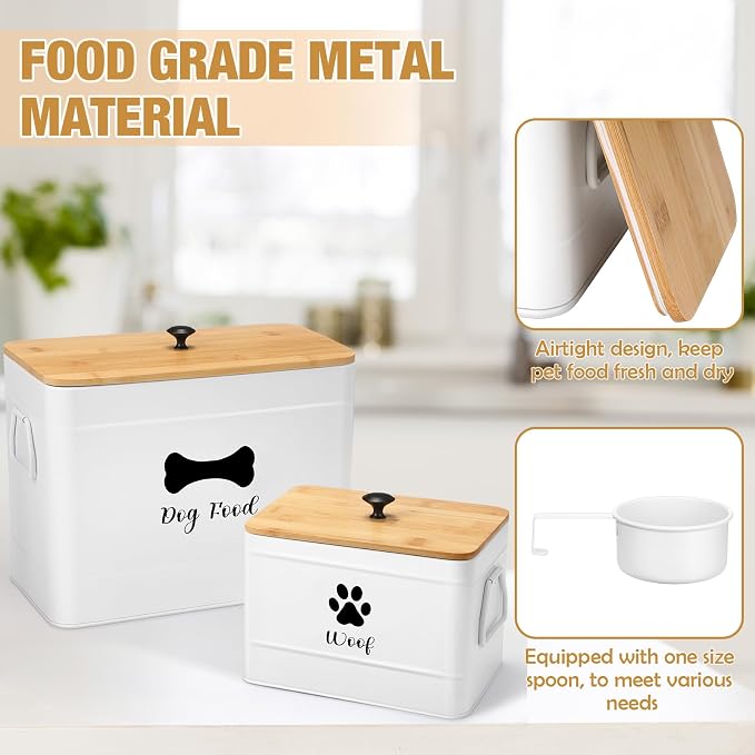 Newtay 2Pcs Extra Large Metal Dog Food Containers Airtight 12 & 3.5 Lbs Dog Treat Snack Jars Set of 2 with Bamboo Lids and Spoons Farmhouse Big Pet Cookie Storage Jars for Kitchen Counter Gift (White)
