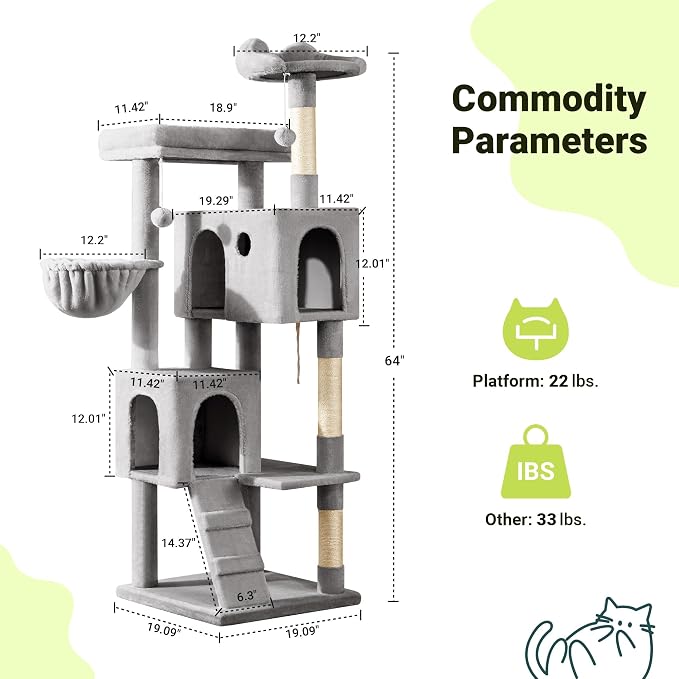 Allewie 64 Inches Multi-Level Cat Tree Tower for Indoor Cats, Grey | Activity Center for Big Felines, 2 Plush Condos, 2 Perches, Cozy Basket, House, Sisal Scratching Posts, Hanging Cat Toys