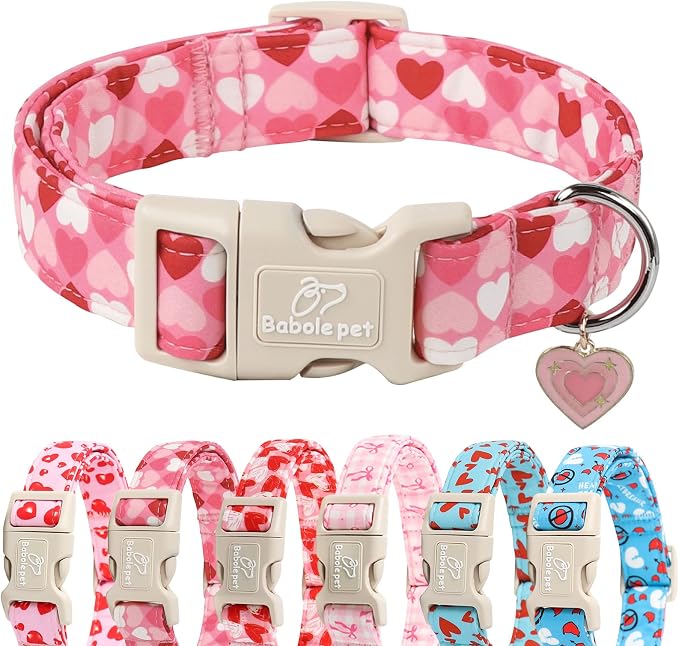 Valentines Dog Collar for Small Dogs - Cute Valentine Pink Hearts Girl Dog Collars, Adjustable Girly Puppy Collar with Quick Release Buckle for Female Dogs S