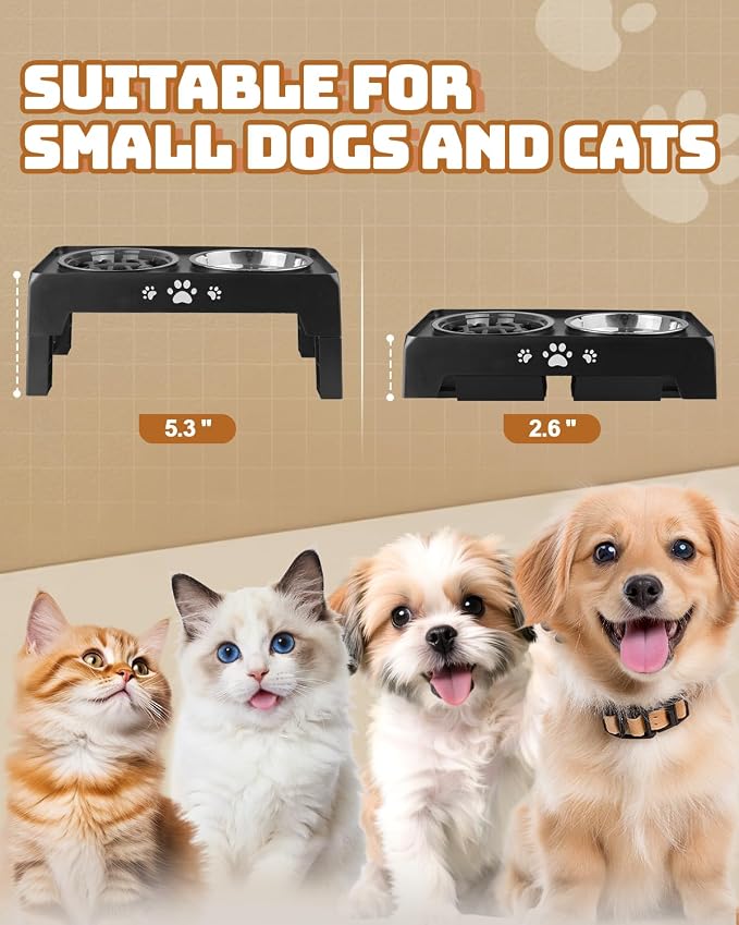 Jovrun Elevated Dog Bowls for Small Dogs and Cats, Non-Slip Cat Bowls with 1*Stainless Steel Dishes & 1*Slow Feeder Bowl, Dog Feeder 2 Heights Adjustable to 2.6"-5.3"