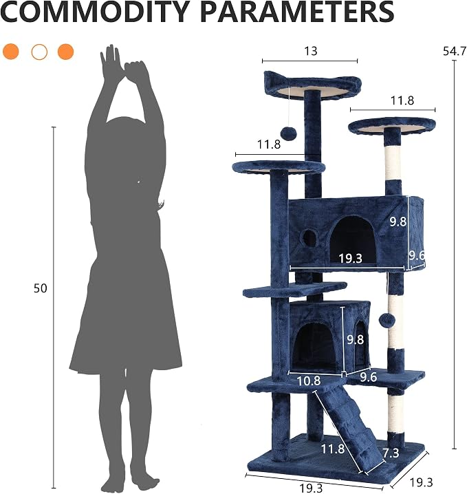 Cat Tree for Indoor Cats, Multi-Level Cat Tower with Scratching Posts & Cozy Condo, Space Saving Cat Activity Center, Durable Pet Play House (54in,Navy Blue)