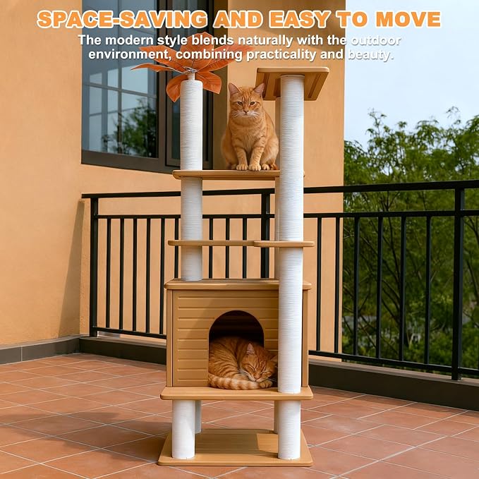 63in Outdoor Large Cat Tower,Weatherproof Multi-Level Design with Cat Condo | Khaki Heavy-Duty Cat Tree with Waterproof PE Panels,Durable Cat Scratching Posts,for Indoor and Outdoor Cat Houses CTT-6