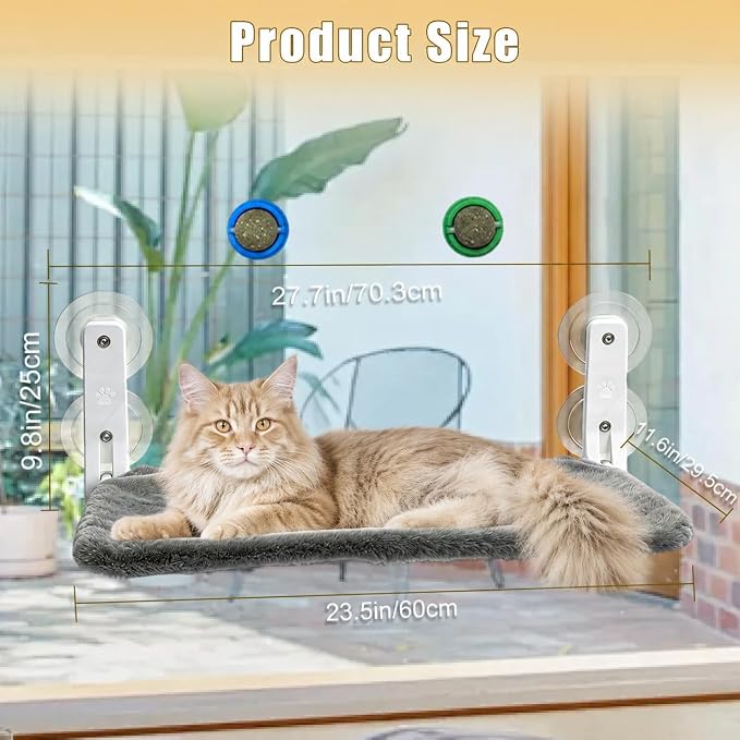 Cat Window Perch Hammock with 2 Washable Plush Covers, Cozy Window Bed for Cats with Catnip Toys, Window Mounted Cat Bed for Indoor Cats to Sunbathe and Relax