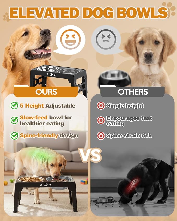 Jovrun Elevated Dog Bowls for Medium Large Dogs with Mat, Non-Slip Dog Feeder with 1*Stainless Steel Dishes & 1*Slow Feeder Bowl, 5 Heights Adjustable Raised Bowls for 3.15″-8.66″-9.84″-11.02″-12.2″
