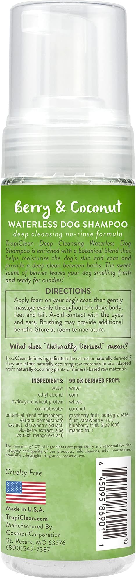 TropiClean No Rinse Waterless Dog Shampoo, Berry & Coconut Scent, 7.4oz