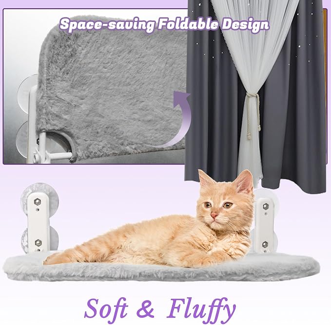 2 PCS Window Cat Bed (Medium 20.4''×11.8'') - Machine Washable Cover, 4 Large Suction Cups, Solid Metal Frame - Cordless Foldable Cat Window Hammock for Indoor Cats (2×Grey)