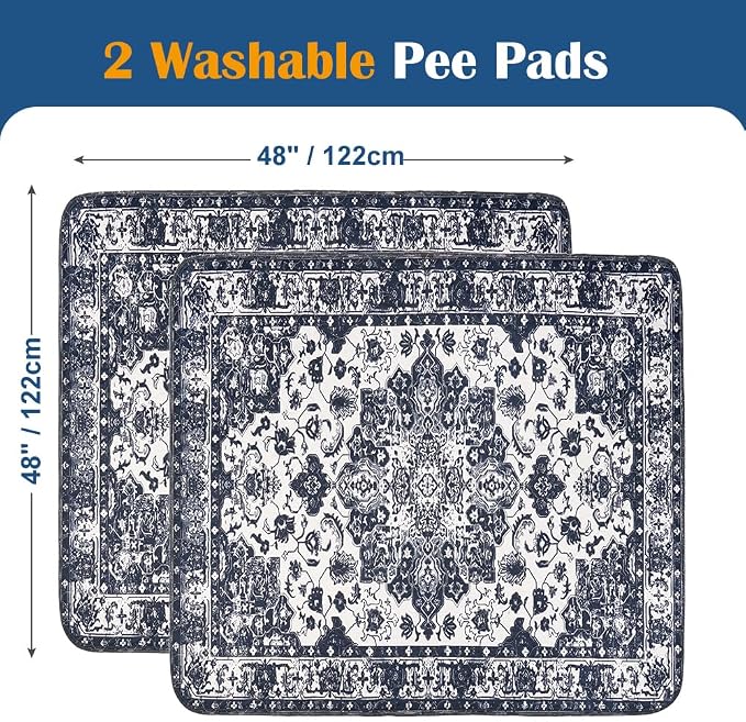 Washable Pee Pads for Dogs, 2 Pack Reusable Puppy Training Pads 48"x48" Super Absorbent Waterproof Dog Training Pads, Non-Slip Potty Pads, Whelping Pads Litter Mat Navy Blue