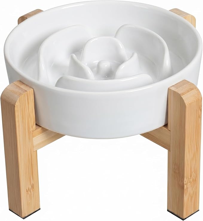 Elevated Slow Feeder Dog Bowl - Ceramic Maze Food Dish with Bamboo Stand - Raised Feeding Bowl for Fast Eaters - Ideal for Small and Medium Dogs - White - 6.7 inch